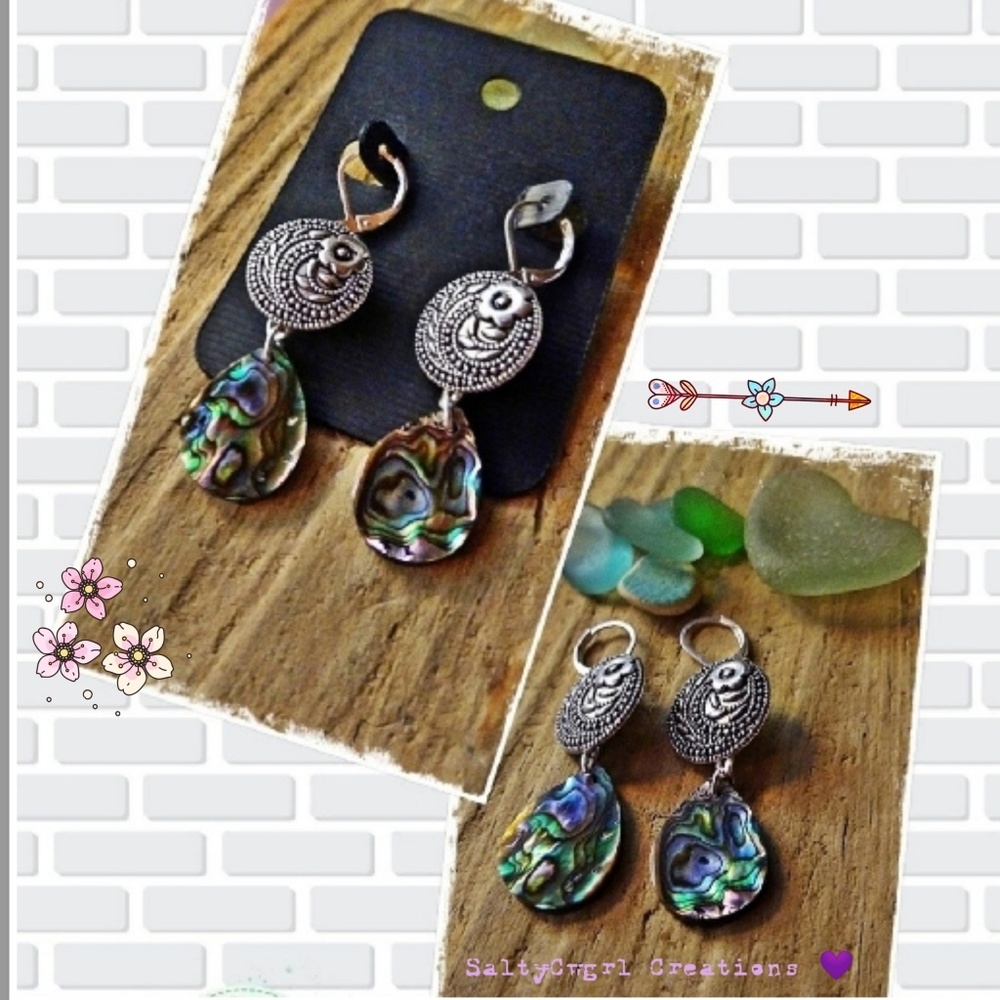TEARDROP ABALONE BUTTON EARRINGS - Picture 1 of 7